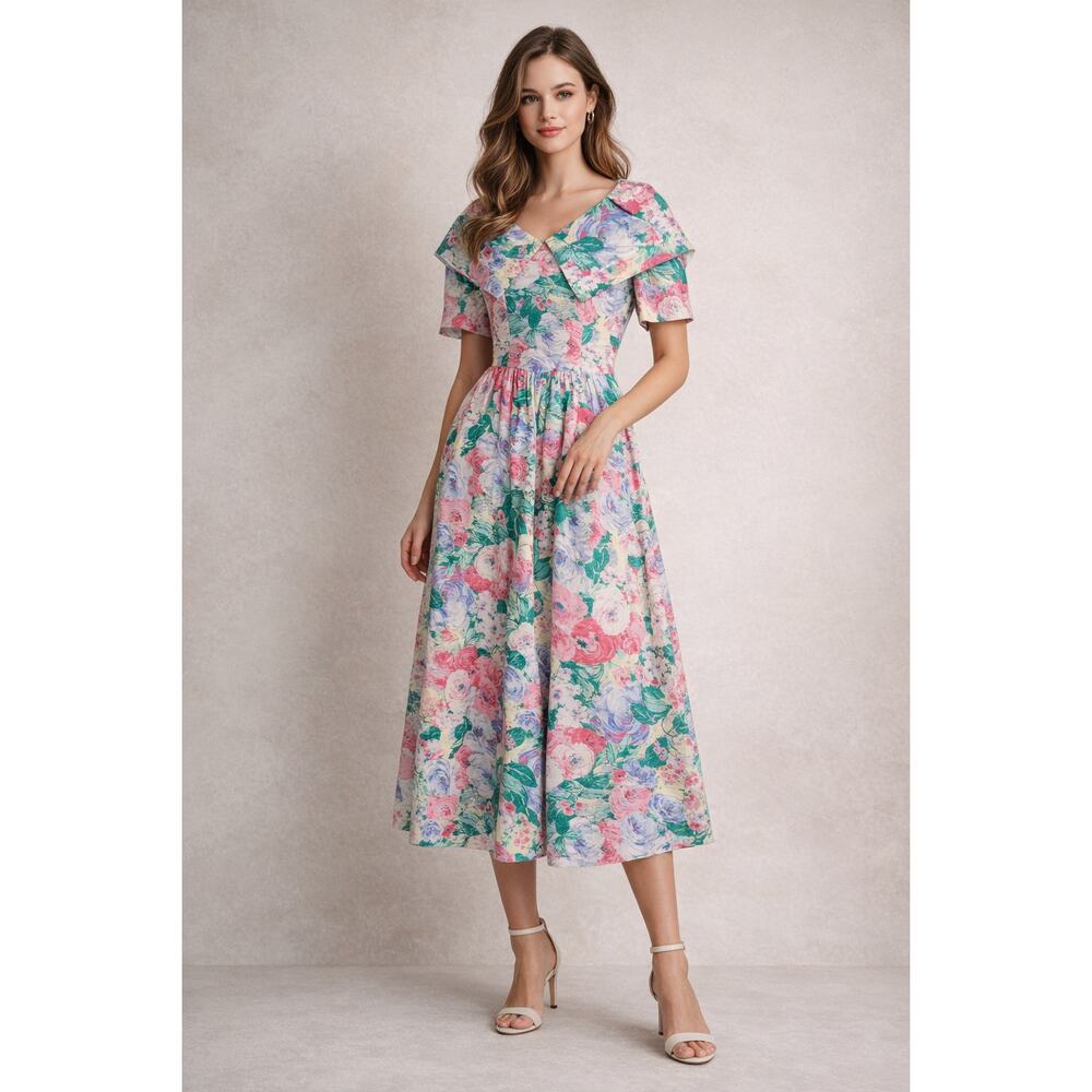 Vintage Lanz Originals Floral Puff Sleeve Midi Dress Cottagecore 80s EUC Pockets